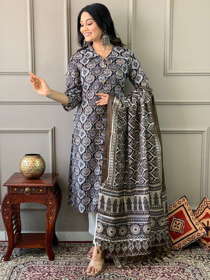 Ajrakh work cotton kurta with cotton pant and silk dupatta