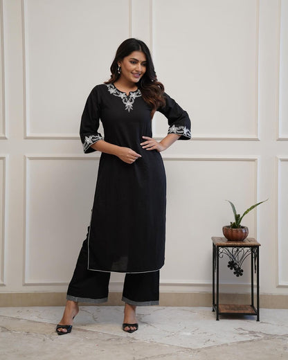 Office wear black cotton embroidery work kurti