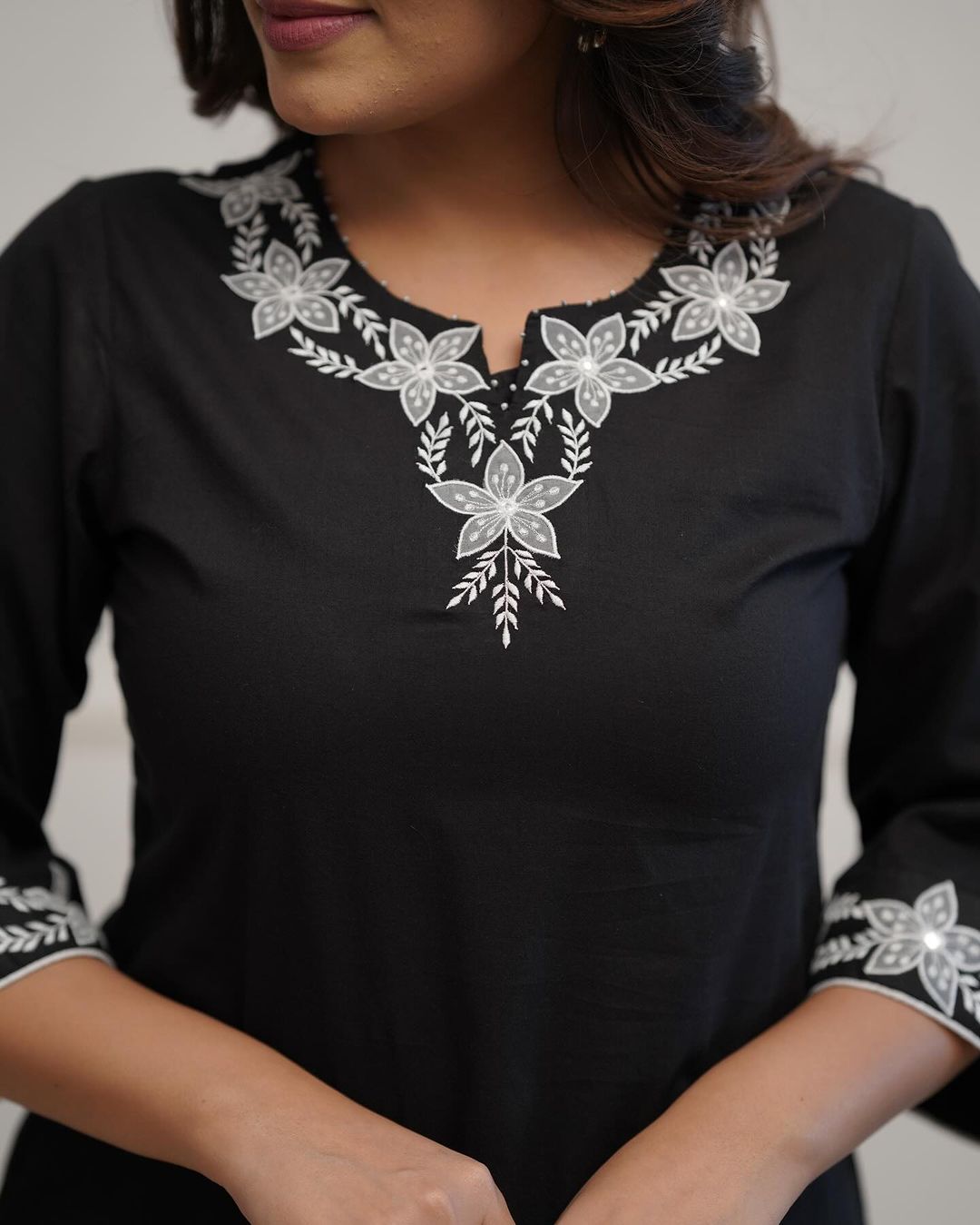 Office wear black cotton embroidery work kurti