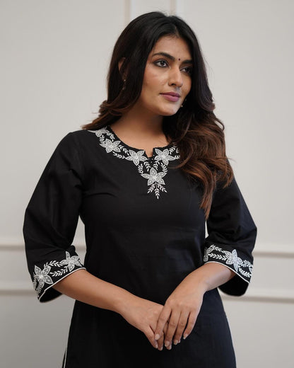 Office wear black cotton embroidery work kurti