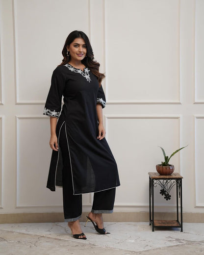 Office wear black cotton embroidery work kurti