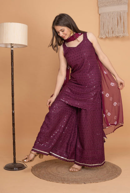 Partywear rayon kurta with sharara and chiffon dupatta