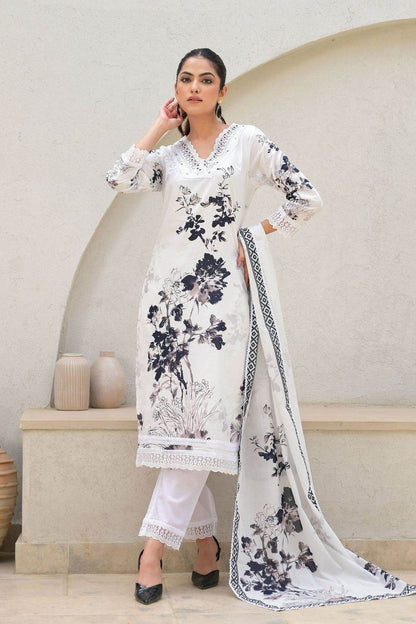 White/Black Floral Printed Spanish Cotton Kurti Pants and dupatta Set - Eraya