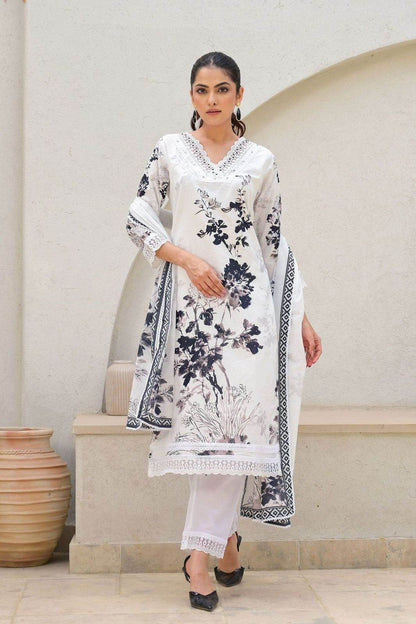 White/Black Floral Printed Spanish Cotton Kurti Pants and dupatta Set - Eraya