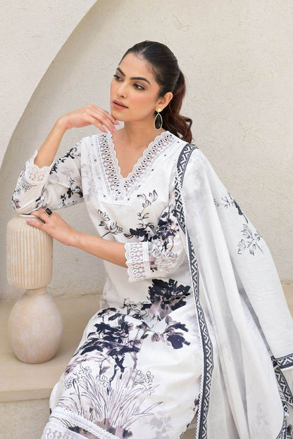 White/Black Floral Printed Spanish Cotton Kurti Pants and dupatta Set - Eraya