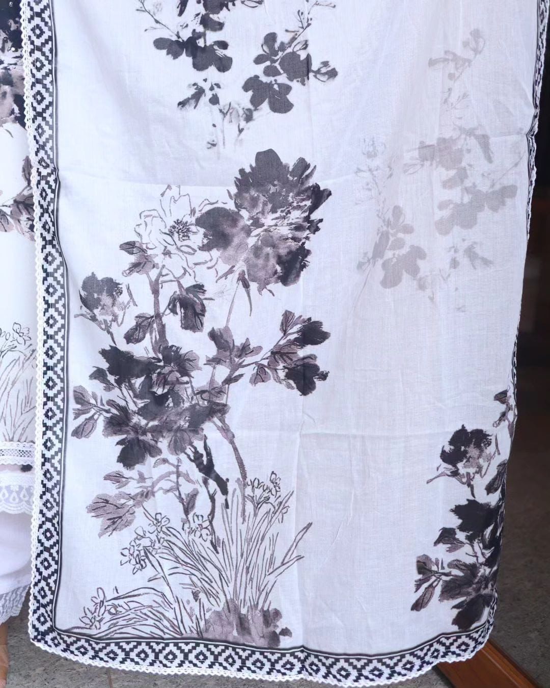 White/Black Floral Printed Spanish Cotton Kurti Pants and dupatta Set