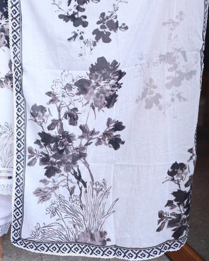 White/Black Floral Printed Spanish Cotton Kurti Pants and dupatta Set - Eraya