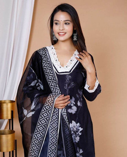 White/Black Floral Printed Spanish Cotton Kurti Pants and dupatta Set - Eraya