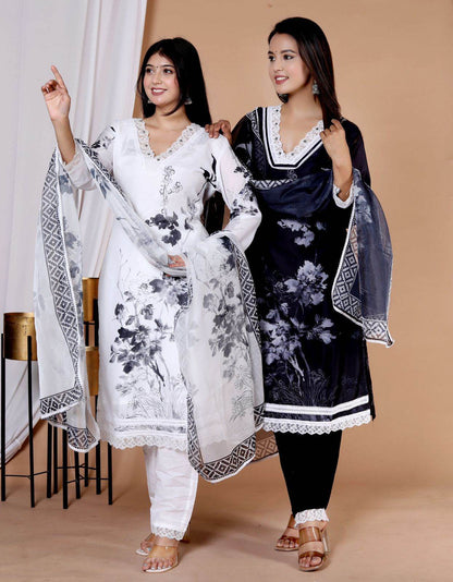 White/Black Floral Printed Spanish Cotton Kurti Pants and dupatta Set - Eraya