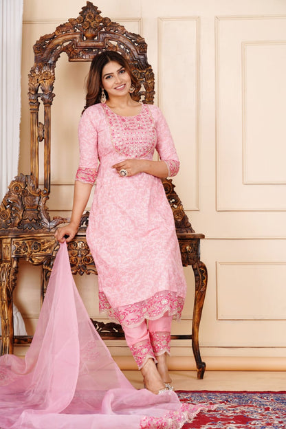 Designer anarkali cotton suit set highlighted with organza fabric