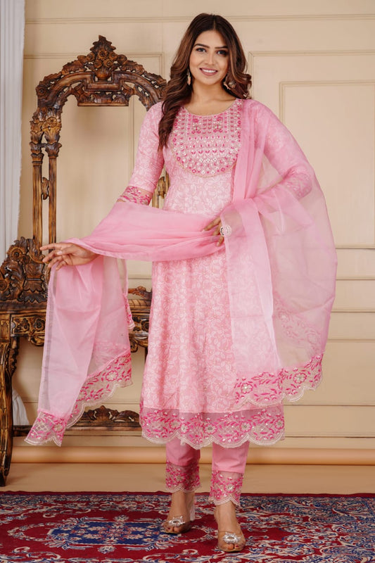 Designer anarkali cotton suit set highlighted with organza fabric
