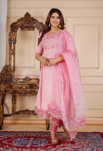 Designer anarkali cotton suit set highlighted with organza fabric