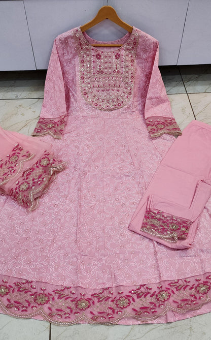 Designer anarkali cotton suit set highlighted with organza fabric