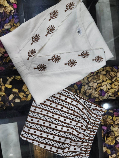 Classy Cotton Flex Off-White Kurta With Embroidered Yoke, Paired With Printed Pant - Eraya