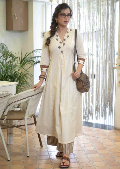 Classy Cotton Flex Off-White Kurta With Embroidered Yoke, Paired With Printed Pant - Eraya