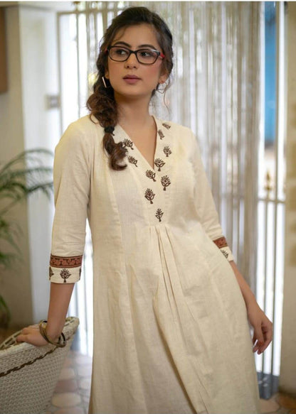 Classy Cotton Flex Off-White Kurta With Embroidered Yoke, Paired With Printed Pant - Eraya