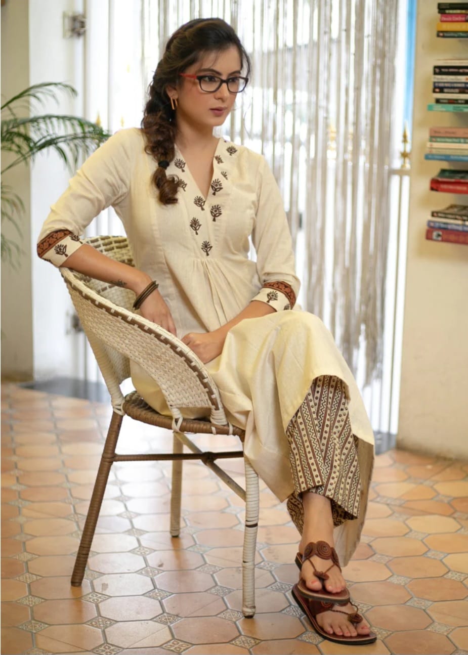 Classy Cotton Flex Off-White Kurta With Embroidered Yoke, Paired With Printed Pant