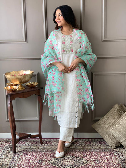 Pure chikan kurta with embroidery work and digital print silk dupatta