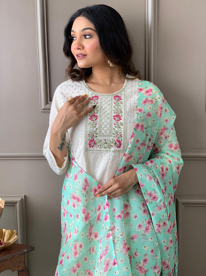 Pure chikan kurta with embroidery work and digital print silk dupatta