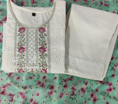 Pure chikan kurta with embroidery work and digital print silk dupatta