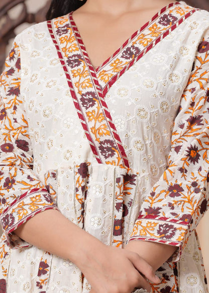 Beautiful angarkha pattern heavy chikankari work cotton kurti set with print!