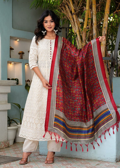 Pure lucknowi chikankari anarkali kurta with chanderi digital print dupatta