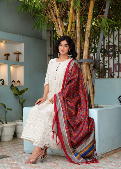 Pure lucknowi chikankari anarkali kurta with chanderi digital print dupatta