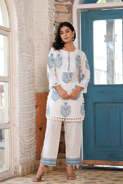 White Block Printed Premium Cotton Co-Ord Set! - Eraya