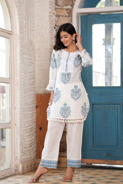 White Block Printed Premium Cotton Co-Ord Set! - Eraya