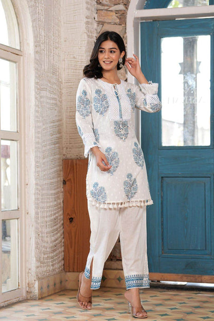 White Block Printed Premium Cotton Co-Ord Set! - Eraya