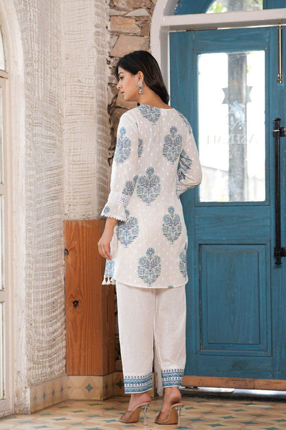 White Block Printed Premium Cotton Co-Ord Set! - Eraya