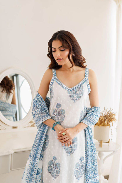 White Block Printed Cotton Cut sleeves kurti pant and dupatta Set - Eraya