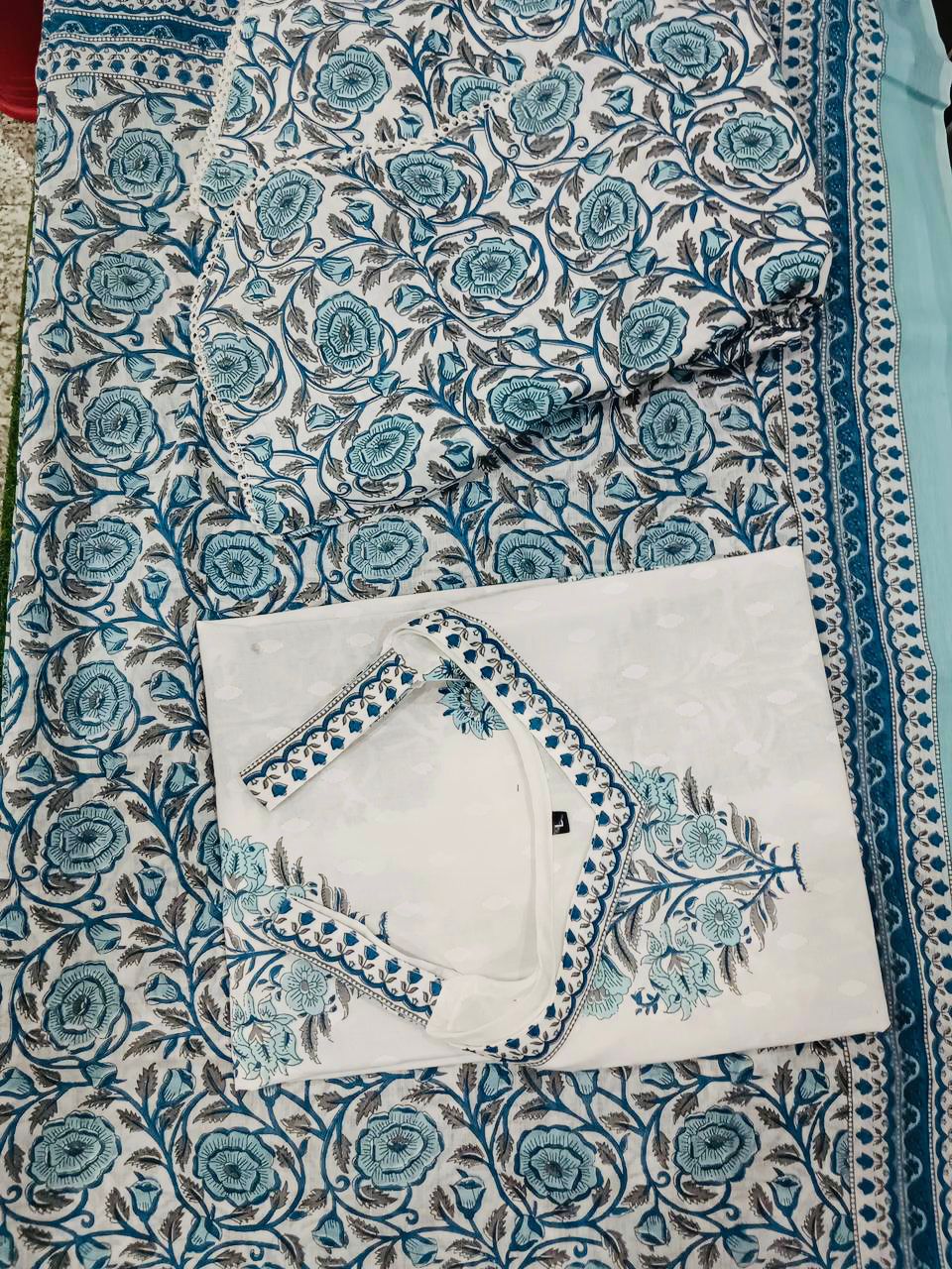 White Block Printed Cotton Cut sleeves kurti pant and dupatta Set