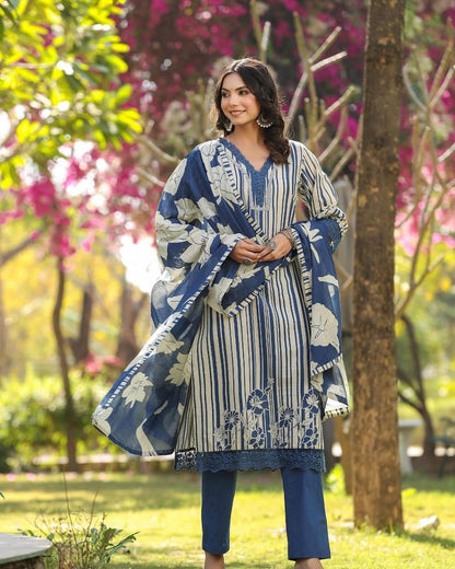 Pure fine cotton neck embroidery kurta pant and dupatta set