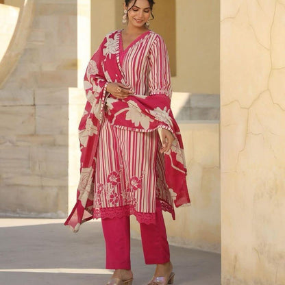 Pure fine cotton neck embroidery kurta pant and dupatta set