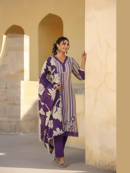 Pure fine cotton neck embroidery kurta pant and dupatta set