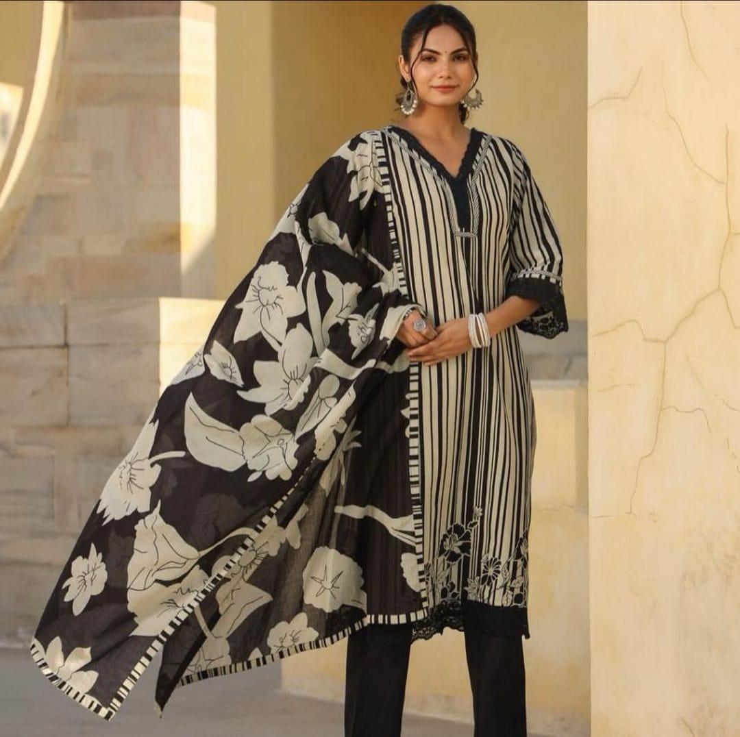 Pure fine cotton neck embroidery kurta pant and dupatta set