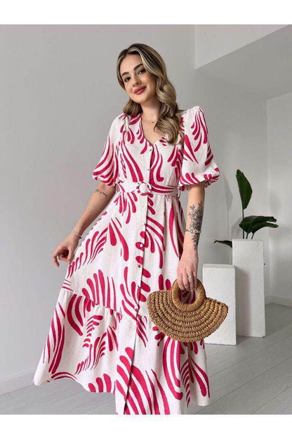 Classy cotton-linen vibrant printed midi dress-II - Eraya