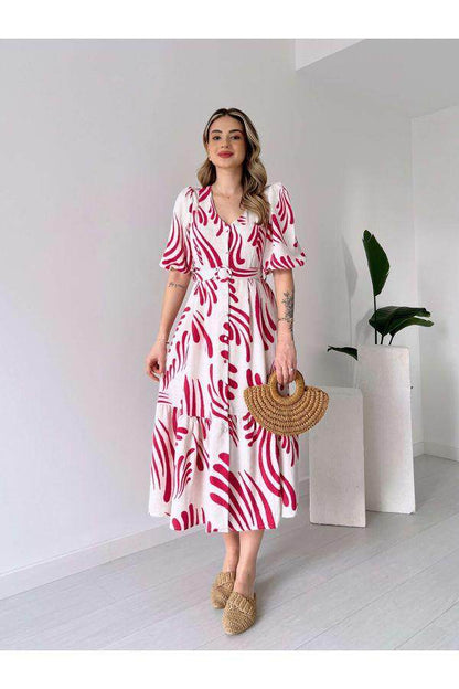 Classy cotton-linen vibrant printed midi dress-II - Eraya