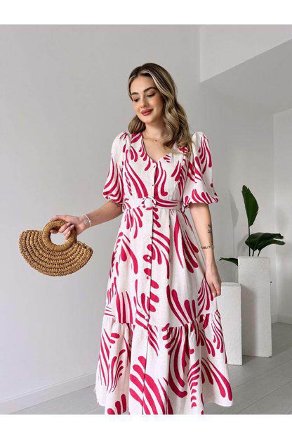 Classy cotton-linen vibrant printed midi dress-II - Eraya