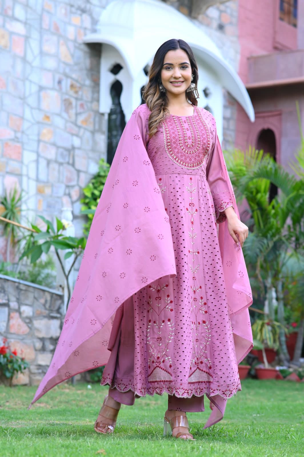 Beautiful schiffli sequence embroidery work anarkali kurti, cotton mulmul dupatta and pant set