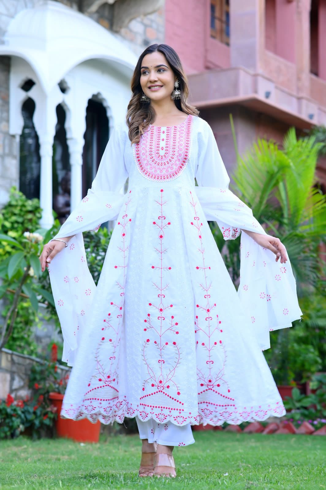 Beautiful schiffli sequence embroidery work anarkali kurti, cotton mulmul dupatta and pant set