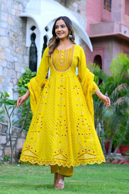 Beautiful schiffli sequence embroidery work anarkali kurti, cotton mulmul dupatta and pant set