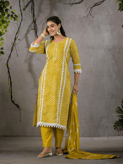 Beautiful lehriya print lace decorated three piece kurta set - Eraya