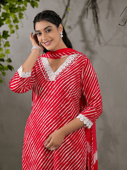 Beautiful lehriya print lace decorated three piece kurta set - Eraya