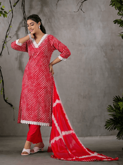 Beautiful lehriya print lace decorated three piece kurta set - Eraya