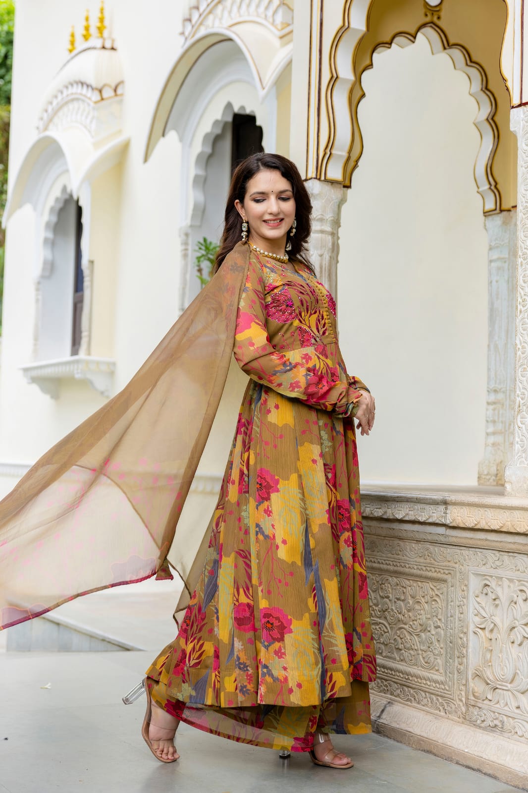 Printed chinon anarkali kurti with plazzo and dupatta