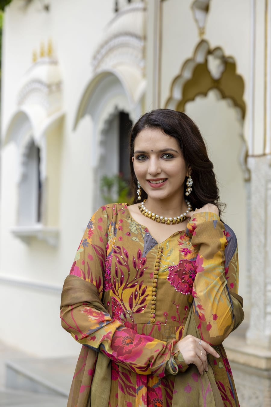 Printed chinon anarkali kurti with plazzo and dupatta