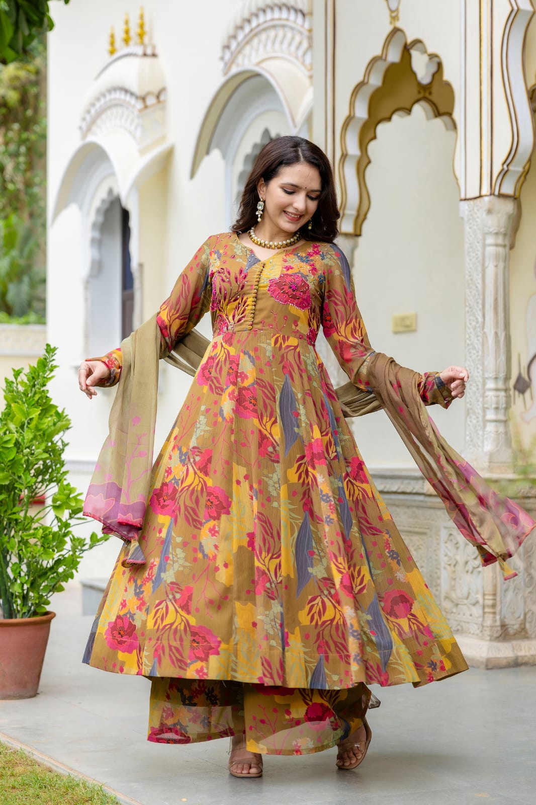 Printed chinon anarkali kurti with plazzo and dupatta