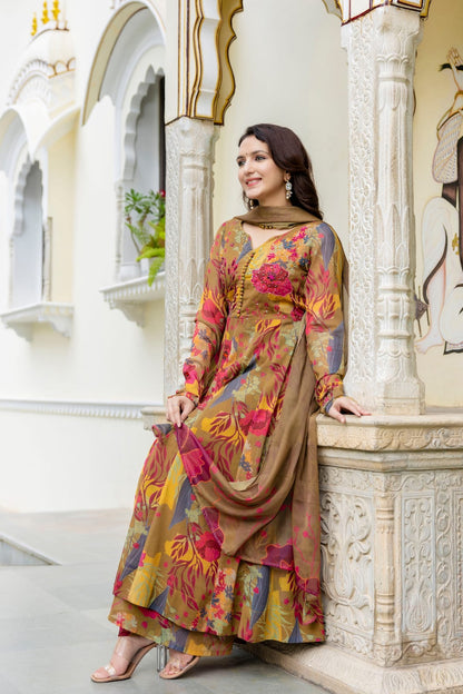 Printed chinon anarkali kurti with plazzo and dupatta